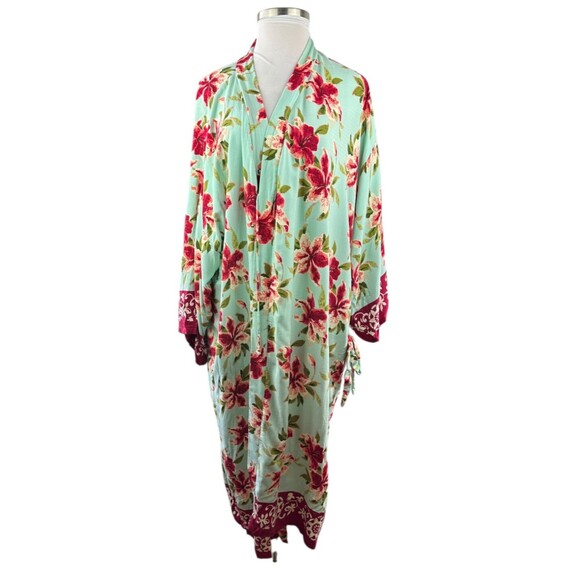 Soft Surroundings Floral Robe Kimono Sleeves Aqua Teal Belted USA Plus Size 2X - Picture 2 of 16